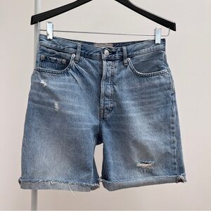 Everlane the cheeky long short 27 high rise distressed raw hem denim shorts
